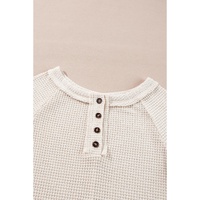 Oatmeal Waffle Knit Buttoned Front Raglan Sleeve Loose Blouse - L