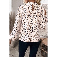 White Leopard Print Lantern Sleeve Mock Neck Pleated Blouse - L