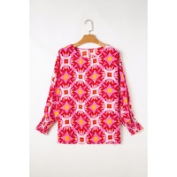 Strawberry Pink Geometric Print Shirred Cuff 3/4 Sleeve Loose Blouse - L
