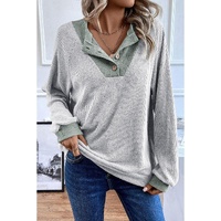 Light Grey Color Contrast Ribbed Loose Fit Long Sleeve Top - 2XL