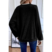 Black Color Contrast Ribbed Loose Fit Long Sleeve Top - S