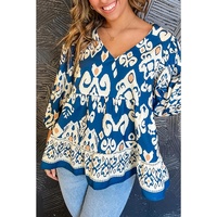 Blue Tribal Geometric Print 3/4 Sleeve Flowy Fit Blouse - L