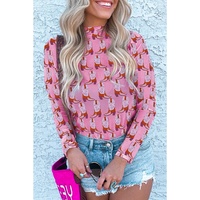 Pink Cowgirl Boots Printed Mock Neck Long Sleeve Mesh Top - L