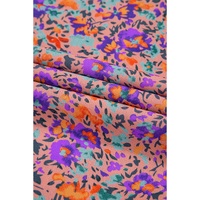 Purple Floral Allover Print Shirred Cuff Frilled O Neck Blouse - L