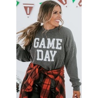 Dark Grey Corded GAME DAY Graphic Long Sleeve Crewneck Top - L