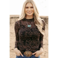 Black Western Rodeo Printed Mock Neck Long Sleeve Mesh Top - L