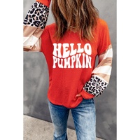 Red Hello Pumpkin Graphic Leopard Striped Colorblock Sleeve V Neck Top - S
