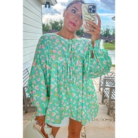 Green Abstract Printed Lace-up Lantern Sleeve Babydoll Blouse - L