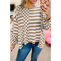 Khaki Checkerboard Striped Patchwork Lantern Sleeve Pocketed Blouse - L