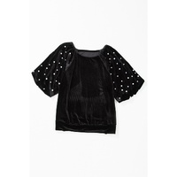 Black Pearl Beaded Half Sleeve Velvet Top - M