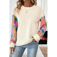 Apricot Geometric Printed Patchwork Long Sleeve Round Neck Top - M