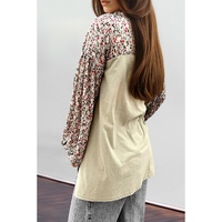 Meadow Mist Green Contrast Printed Bubble Sleeve Henley Loose Top with Slits - L