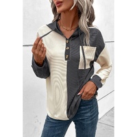 Dark Grey Waffle Colorblock Buttons Placket Drop Shoulder Drawstring Hoodie - M