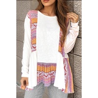 White Western Aztec Print Patchwork Ruffled Tunic Long Sleeve Babydoll Top - L