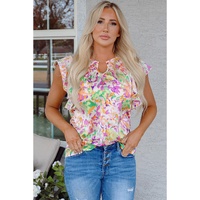 Purple Abstract Printed Ruffled Short Sleeve Notched Neck Blouse - L