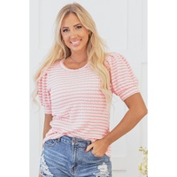 Pink Stripe Textured Puff Sleeve Crewneck Top - L