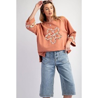 Grapefruit Orange Flower Patch Graphic Exposed Seam Wide Sleeve Top - 2XL