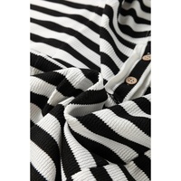 Black white Oversized Striped Henley Buttons Dolman Sleeve Hooded Top - L