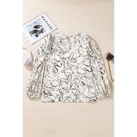 Beige Abstract Print Balloon Sleeve Crew Neck Blouse - L