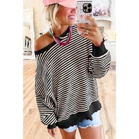 Black Stripe Loose Drop Shoulder Long Sleeve Top - 2XL