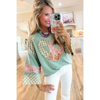 Clearly Aqua Plaid Floral Peace Heart Graphic Wide Long Sleeve Top - L