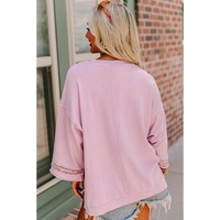 Light Pink Floral Peace Sign Graphic Drop Shoulder Wide Sleeve Casual Top - L