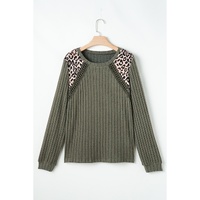 Moss Green Leopard Print Crochet Patchwork Rib Textured Knit Top - L