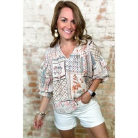 Multicolour Boho Floral Patched Ruffled Sleeve Tied Neck Blouse - S