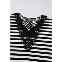 Black Stripe Crochet Hollow-out Back Buttoned Shoulder V Neck Top - L