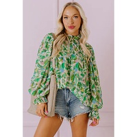 Green Leafy Printed Flounce Sleeve Shirred Mock Neck Blouse - L