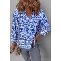 Blue Boho Printed 3/4 Sleeve Tied Neck Blouse - L