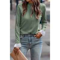 Grass Green Seam Detail Lace Contrast Cuffs Raglan Sleeve Top - L