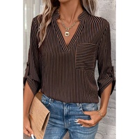 Brown Stripe V Neck Roll Up Sleeve Pocket Patched Classic Shirt - L