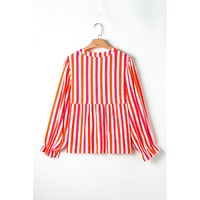 Orange Stripe Balloon Sleeve Notched V Neck Buttoned Front Blouse - L