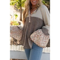 Goat Colorblock Floral Patchwork Flared Sleeve Buttons Henley Top - L
