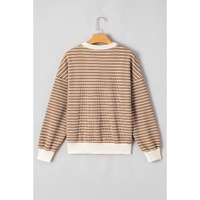 Khaki Stripe Patched Edge Textured Round Neck Long Sleeve Top - L