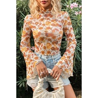 Orange Floral Printed Bell Sleeve Mock Neck Scallop Trim Blouse - L