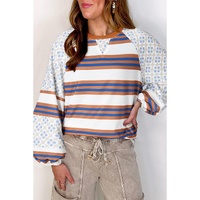 White Striped Floral Printed Patchwork Lantern Sleeve Blouse - L