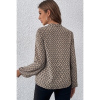 Khaki Geometric Print Notched Neck Puff Sleeve Blouse - L