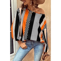 Orange Polka Dot Vertical Striped Printed Puff Sleeve Blouse - L