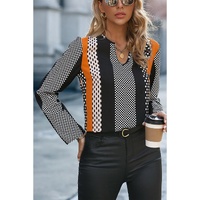 Orange Geo Print Colorblock Notched V Neck Blouse - L