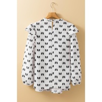 White Bow Knot Print Piping Trim Ruffled Crew Neck Blouse - L