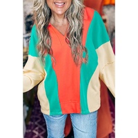 Grapefruit Orange Color Block Patchwork Collared V Neck Loose Top - L