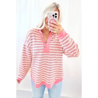 Pink Stripe Buttoned V Neck Collared Drop Shoulder Top - L