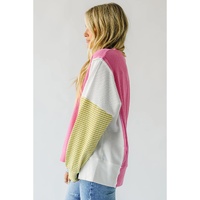 Sachet Pink Exposed Seam Striped Color Block Patchwork Long Sleeve Top - M