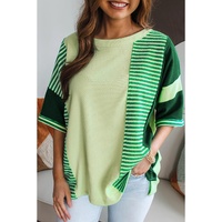 Mint Green Striped Patchwork Textured Colorblock 3/4 Sleeve Knit Top - L