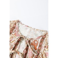 Yellow Floral Print Tie Neck Lantern Sleeve Blouse - L