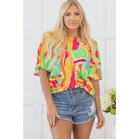 Multicolour Abstract Print Keyhole Back Pleated Half Sleeve Blouse - L