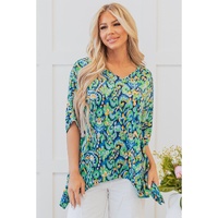 Green Abstract Print V Neck Half Sleeve Loose Fit Tunic Blouse - L