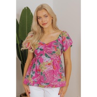 Purple Floral Print Sweetheart Neck Flutter Sleeve Blouse - L
